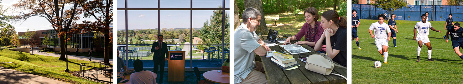 A sunset on campus, a student giving a speech, two students and a professor at a picnic table studying, and athletes plating soccer.