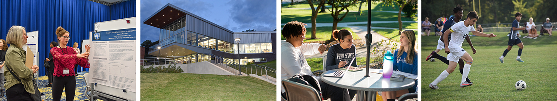 In the far left picture a student is presenting their research to a professor. The next picture to the right is of the Graham Center for Innovation and Collaboration. The third picture is of students socializing and studying on campus. And the right-most picture is of a male soccer player mid-game.