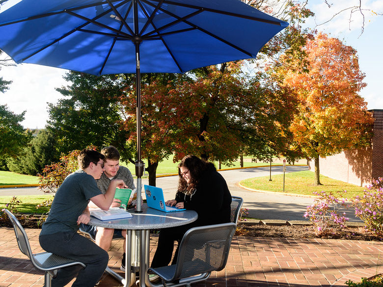 Students study on a patio with fall leaves behind them