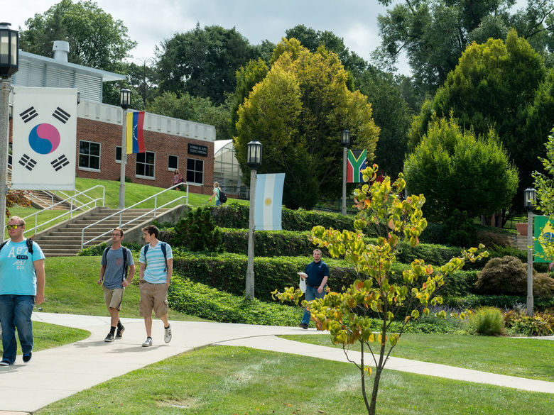 Students walking through campus.
