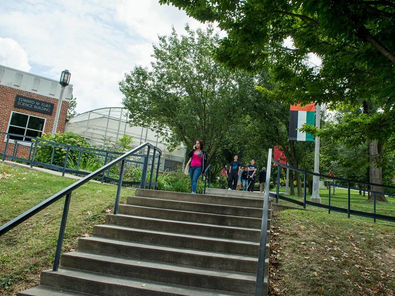 Students walking across campus.