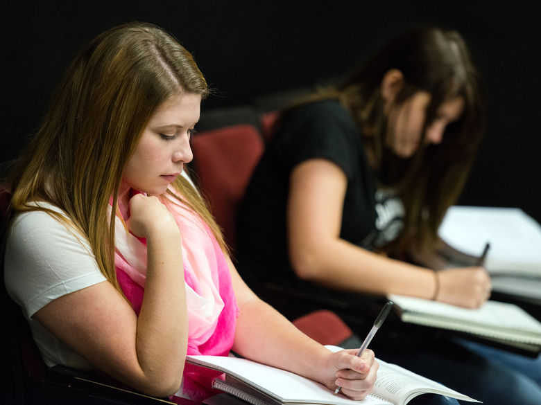 Students taking notes in a class.