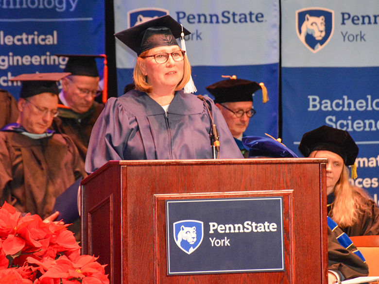 Penn State York Alumni Association President speaking at Commencement.