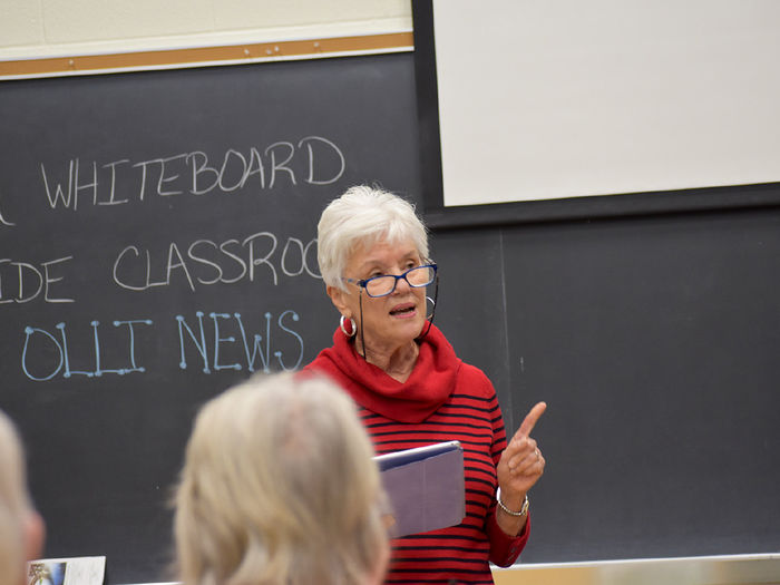 Older woman speaking to a class.