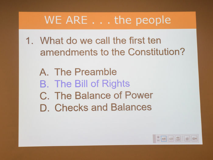 Power Point slide on a screen with a question about the Bill of Rights