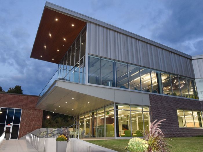 Modern building at dusk.