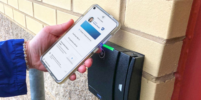 An Android device is opening an HFS door with mobile id+ card