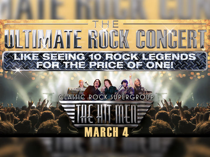 Musical group and audience promoting The Hitmen: The Ultimate Rock Concert