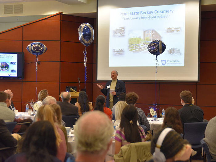 A presentation about the Berkey Creamery given during a student donor breakfast.