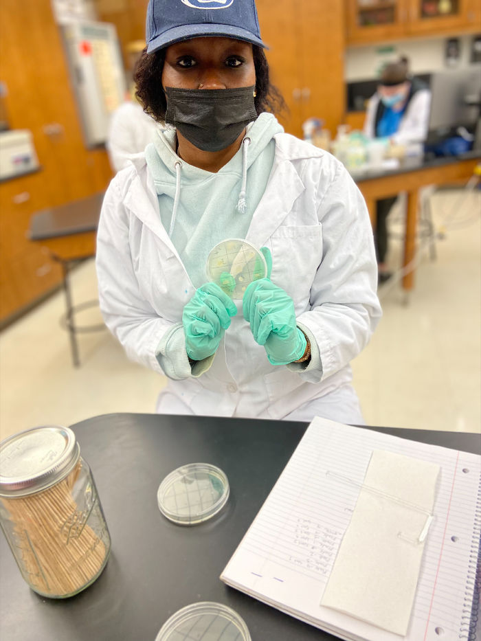 Student wearing personal protective equipment holds a petri dish with bacteria growing on it in a biology lab