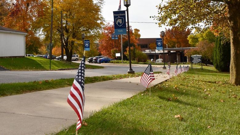 Campus shot with small American flags in the broud and Penn State York banners on light poles