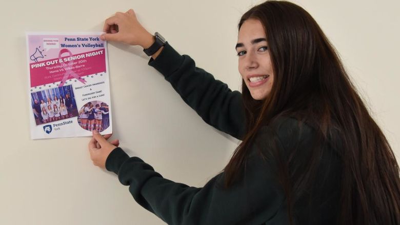 Young woman with long dark hair hanging a poster on the wall