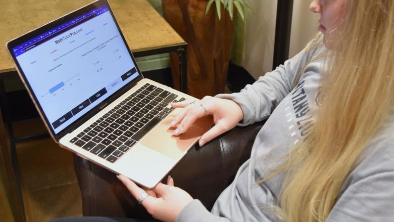 Female student looking at laptop computer.