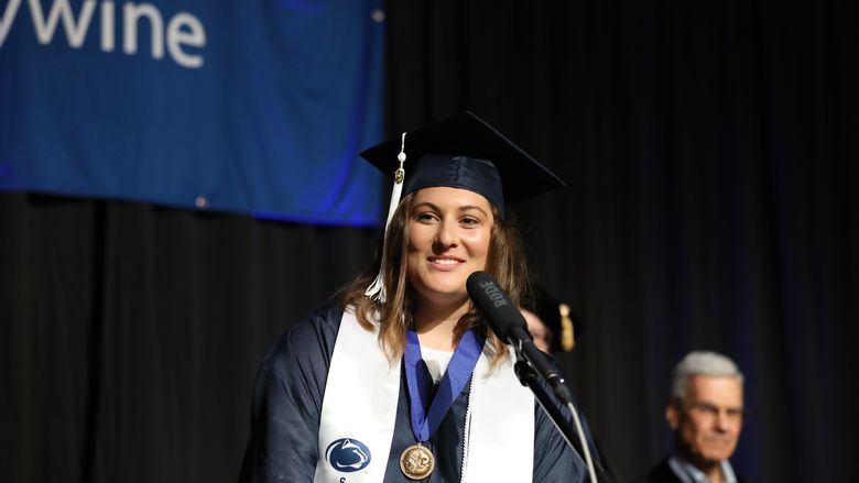 Maddie Malfara speaks at Penn State Brandywine's commencement. 