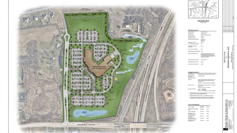 An aerial sketch of a proposed plan for a new hospital in Cumberland County, including a building, parking lot, and helipad.