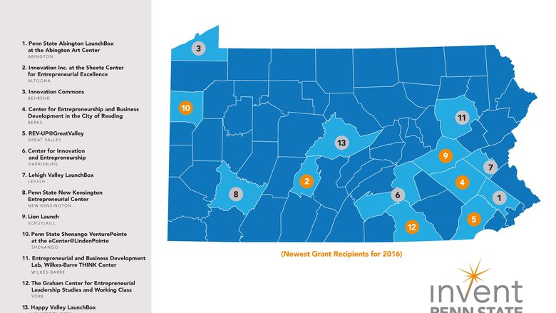 Map of Pennsylvania with Invent Penn State sites
