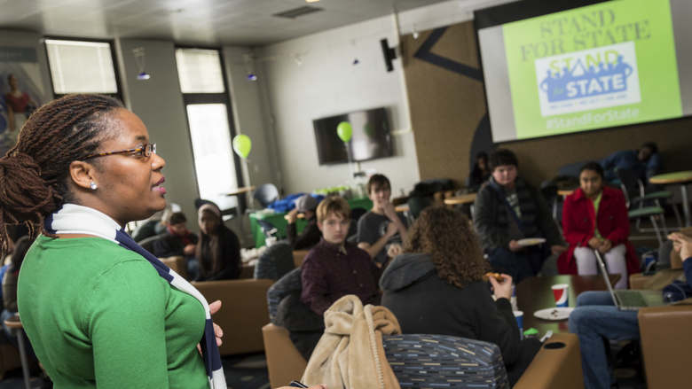 Ronika Money-Adams speaking to students