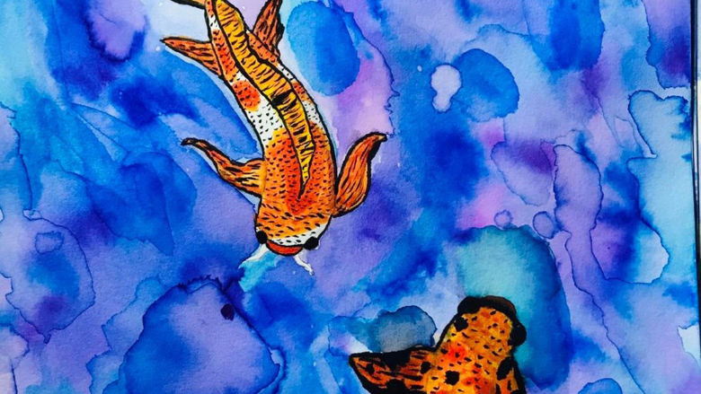 Watercolor painting of orange-colored fish swimming on a colorful background