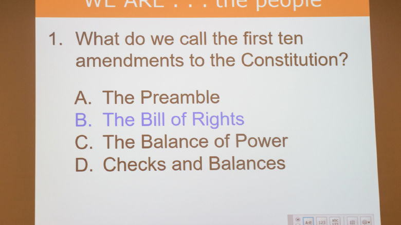 Power Point slide on a screen with a question about the Bill of Rights