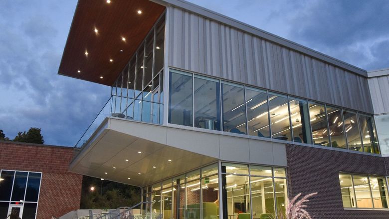 Modern building at dusk.