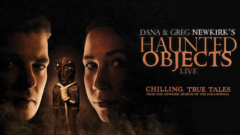 A moody image of a man and woman appears next to the words, "Dana and Greg Newkirk's Haunted Objects Live, chilling true tales from the Newkirk museum of the paranormal."