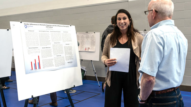 Student presenting research at the 2019 Exhibition of Undergraduate Research and Creative Accomplishments