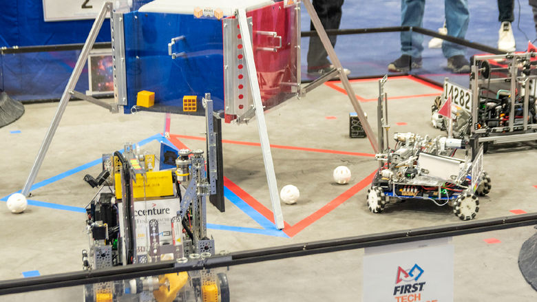 Robots on a playing field.