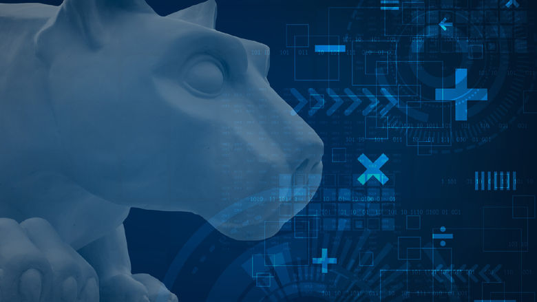 Graphic with Nittany Lion statue and math and computer icons