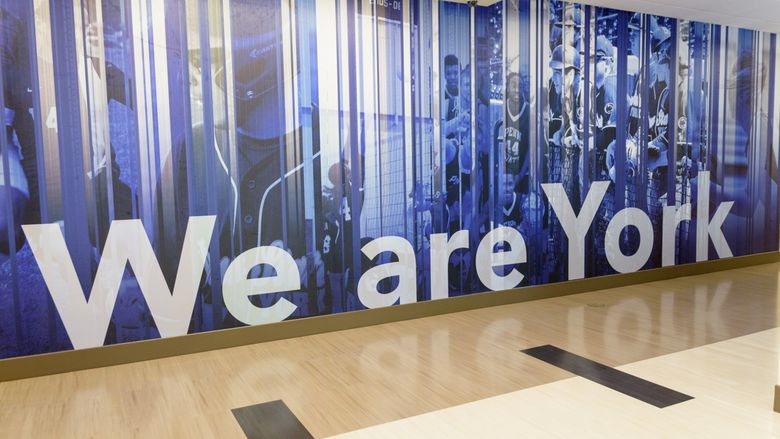 A highly stylized mural with photos and the text "We are York"