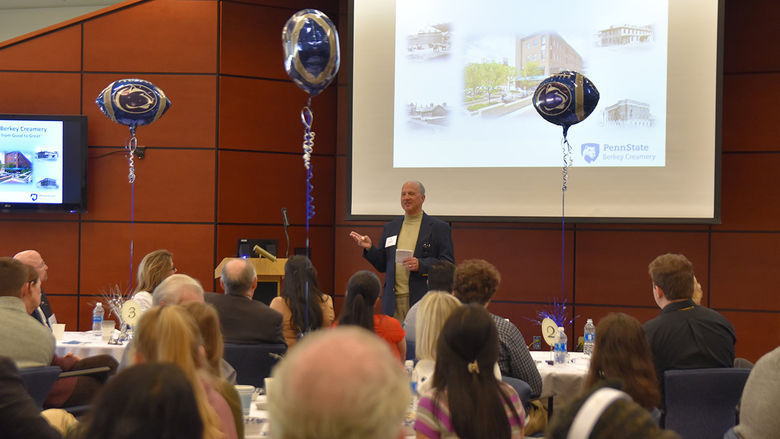 A presentation about the Berkey Creamery given during a student donor breakfast.