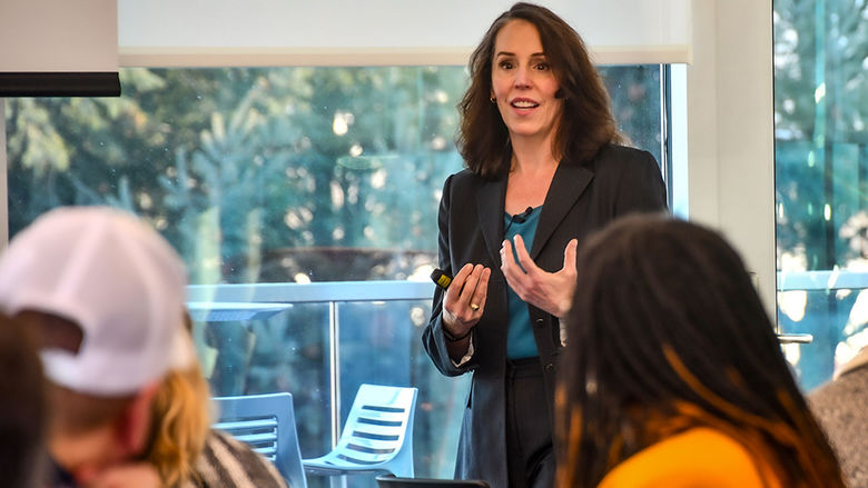 Retired Colonel Pilar McDermott speaking at a Thayer Leadership Seminar about "Why Hard Conversations Matter".