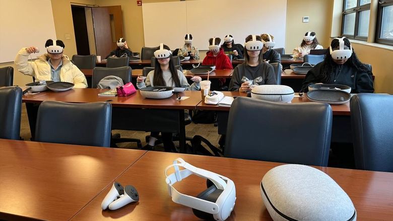 Penn State York students experience Virtual Reality headsets during Biology class.