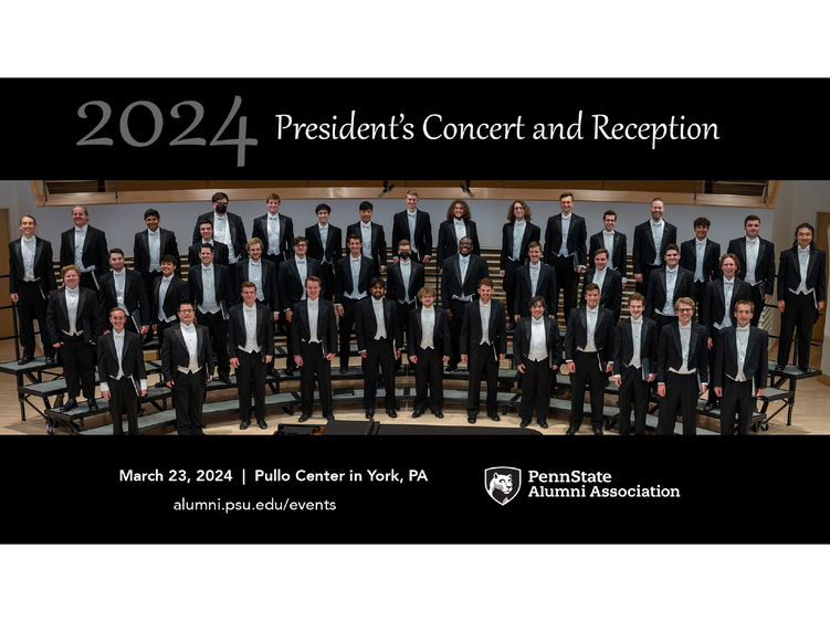 Musicians standing on a stage with the text "2024 President's Concert and Reception, March 23, 2024, Pullo Center in York, PA" and the Alumni Association mark and URL.
