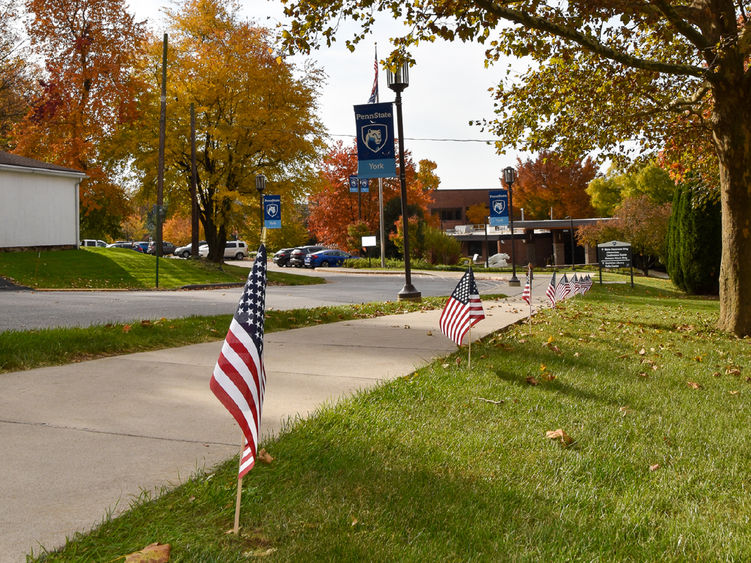 Campus shot with small American flags in the broud and Penn State York banners on light poles