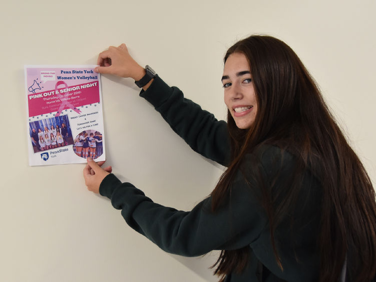 Young woman with long dark hair hanging a poster on the wall