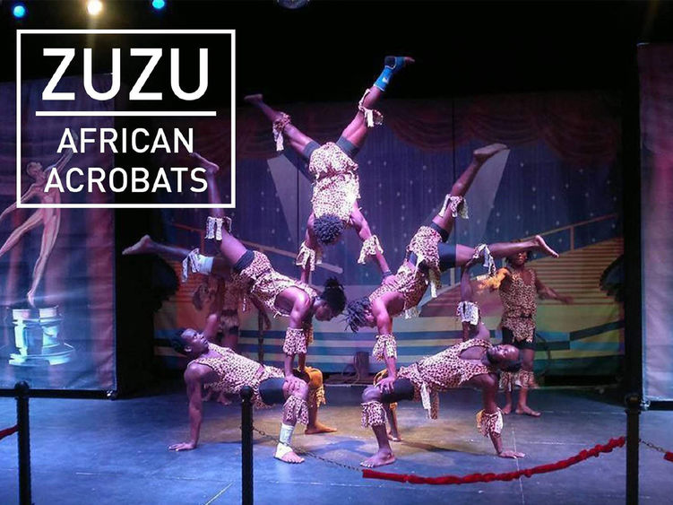 African dance group performing on stage and the words ZUZU African Acrobats on the image